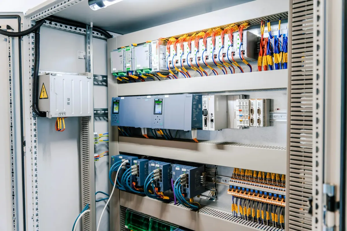 Electrical cabinet with PLCs, terminal blocks and organised wiring