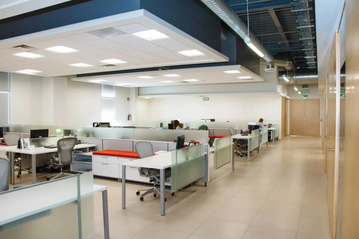 Open-plan office with LED lighting built into the ceiling
